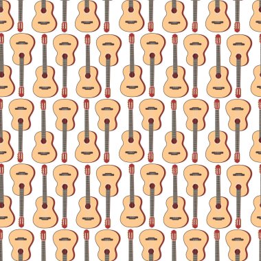 Klasik sarı gitarlı, kusursuz bir şablon. Kumaşlar ve müzisyenler için ürünler basmak için dizili müzik araçları ile müzik arka planı