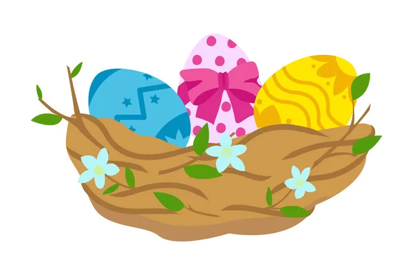 Пасхальное птичье гнездо с украшенными яйцами на белом фоне. Дизайн для оформления поздравительной открытки, праздничного баннера, веб-сайта — стоковый вектор