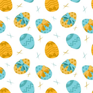 Paskalya yumurtalarında pürüzsüz desen, düz tasarım. Paskalya bayramı tasarımı için renkli yumurtalar. Kart, poster, kağıt ambalajı için vektör illüstrasyonu