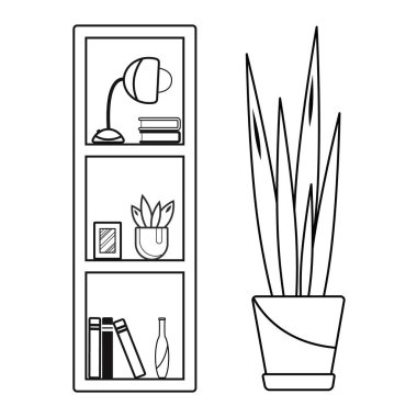Ev tasarımı, ofis ya da oturma odası için mobilya. Raflı izole bir kitaplık, fotoğraf çerçevesi, kitaplı masa lambası ve saksıda dekoratif çiçek. Karalama biçiminde vektör illüstrasyonu