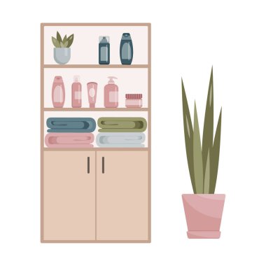 Bathroom cabinet with towels, indoor flower, shampoos, deodorants, creams. Bathroom cabinet with towels and indoor flower.