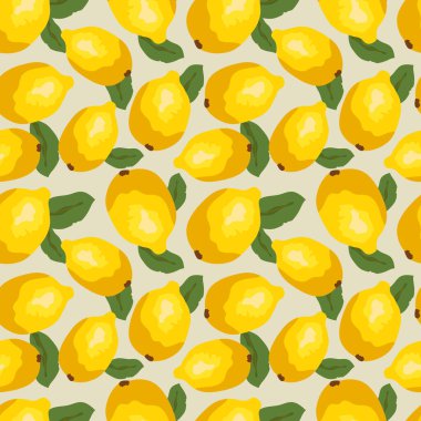 Taze meyve, sarı limon ve bej arka planda yeşil yapraklı renksiz desenler. Tekstil imalatı, posterler, kumaş ve kağıt için mükemmel. Düz biçimli vektör illüstrasyonu