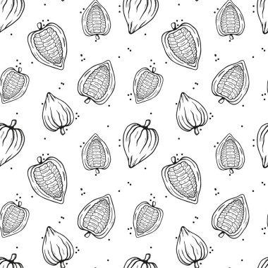 Şeffaf bir arka planda elle çizilmiş meyve ve fasulye ile botanik kusursuz desen. Vektör Kakao fasulyesi çizimi. Restoran, dükkan, şekerleme, aşçılık, kafe, kafeterya için tasarım paketi