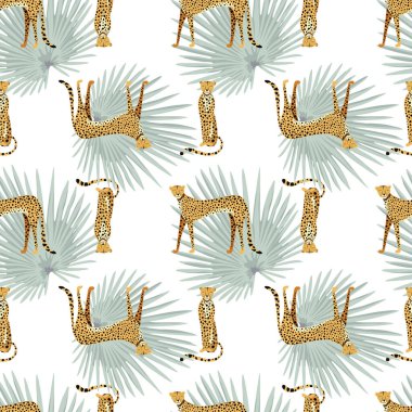 Beyaz arka planda tropikal yaprakları olan, el yapımı egzotik leoparlar ve çitalarla kusursuz bir desen. Renkli düz vektör çizimi. Egzotik orman illüstrasyon duvar kağıdı