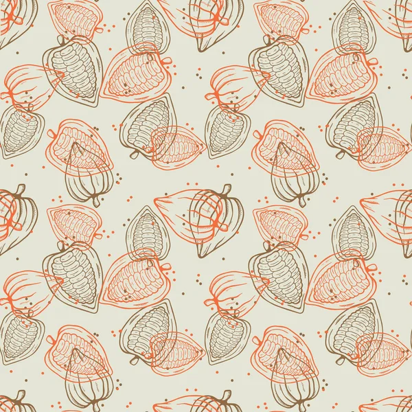 Botanical seamless pattern with hand drawn fruits and beans on a green background. Vector Cocoa beans illustration. Design packing for restaurant, shop, confectionery, culinary, cafe, cafeteria, bar.