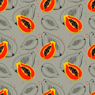 Tropikal papaya meyveli, kusursuz bir desen. Yazın kumaş, yatak, giysi, poster, kartpostal baskısı için arka plan