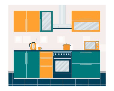 Dolapları, yan masaları, ocağı, fırını, sökücü kaputu olan modern mutfak. Düz bir şekilde vektör illüstrasyonu. Web sitesi, broşür, dergi, poster tasarımı.