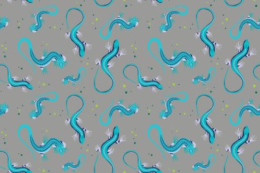 Gri bir arka planda güzel kertenkele görüntüsü olan kusursuz bir model. Yazdırma kartları, poster, kumaş, yatak, kıyafet, tekstil için tasarım.