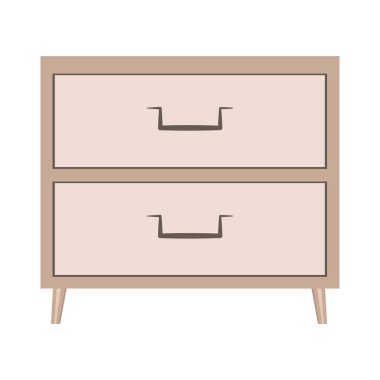 Çekmeceli komodin. Yatak odasının içi için düz dizaynlı ahşap komodin. Tahta kahverengi mobilyalar. Çekmeceli, kare bir gardırop. Beyaz arkaplanda düz izole resimleme