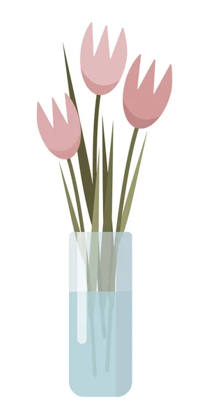 粉红的花在玻璃瓶里.水瓶中的郁金香.带有抽象花朵的简约图解。白色背景的矢量说明 — 图库矢量图片