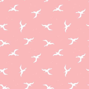 Pembe arka planda beyaz kuşların olduğu kusursuz bir düzen. Gökyüzünde uçan martı siluetleri. Tasarımlarınız için vektör renkli sonsuz doku paketleme, kartlar, ambalaj kağıdı, tekstil, havlular