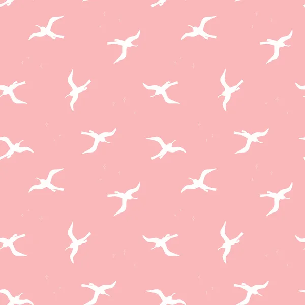 Patrón sin costuras con pájaros blancos sobre fondo rosa. Siluetas de gaviotas volando en el cielo. Textura interminable de color vectorial para sus diseños embalaje, tarjetas, papel de embalaje, textiles, toallas — Vector de stock