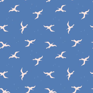 Mavi arka planda beyaz kuşların olduğu kusursuz bir model. Gökyüzünde uçan martı siluetleri. Tasarımlarınız için vektör renkli sonsuz doku paketleme, kartlar, ambalaj kağıdı, tekstil, havlular