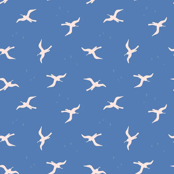 Modèle sans couture avec des oiseaux blancs sur fond bleu. Silhouettes de mouettes volant dans le ciel. Texture sans fin de couleur vectorielle pour vos conceptions emballage, cartes, papier d'emballage, textile, serviettes — Image vectorielle