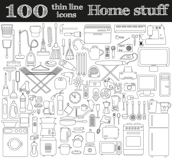 Home stuff icons. Set of 100 objects in thin line style. — Stockový vektor