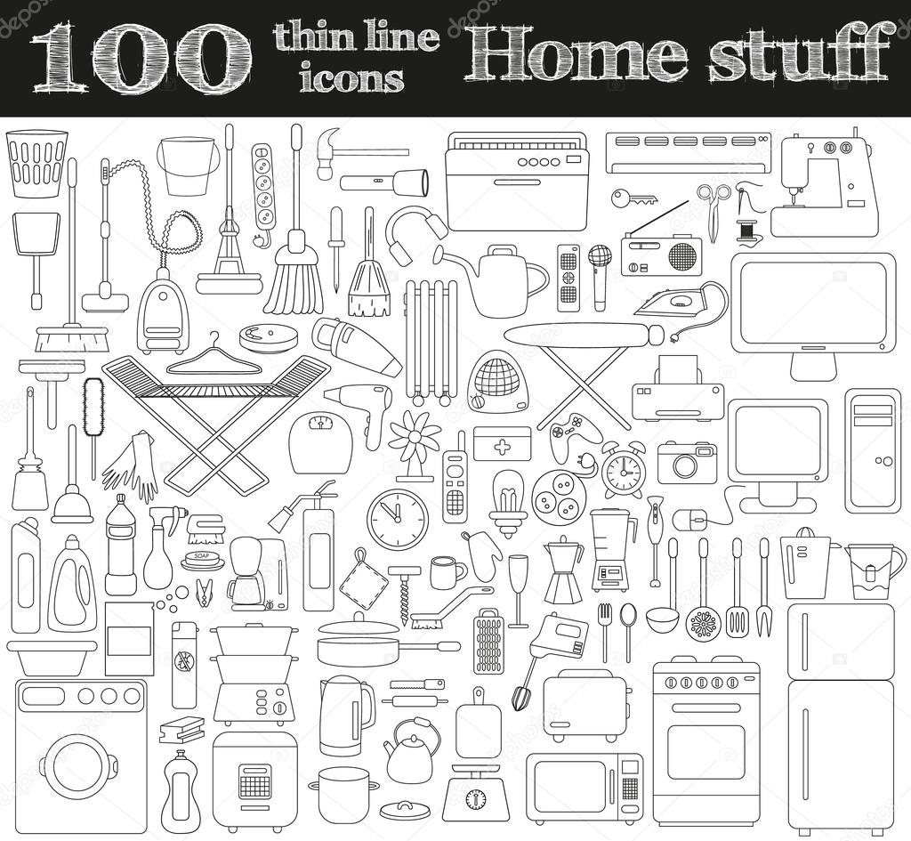 Home stuff icons. Set of 100 objects in thin line style.