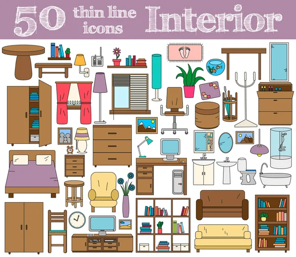 50 ikony pro interiér. Tenká linie v jasných barvách. — Stockový vektor