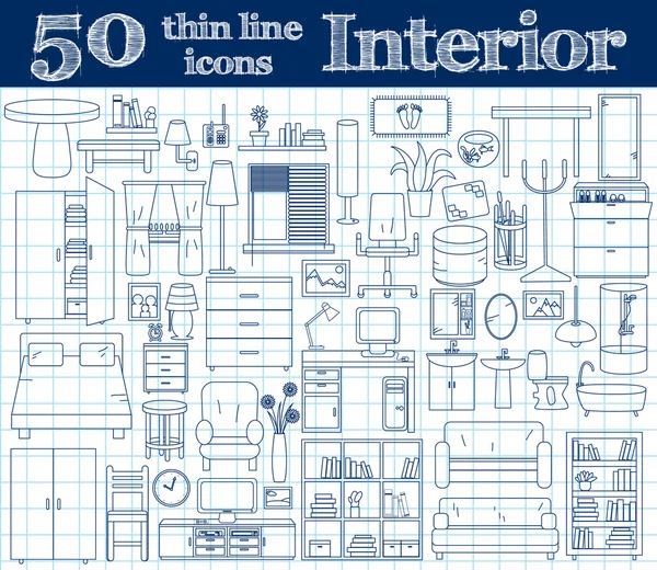 50 ikony pro interiér. Tenká linie v modré barvy na notebook. — Stockový vektor