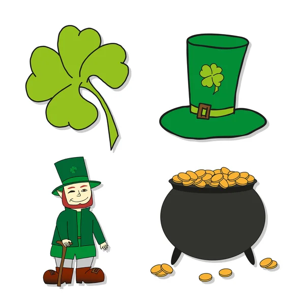 St. Patricks Day ikoner - Leprechaun, Leprechauns hat, gryde med guld og kløver . – Stock-vektor