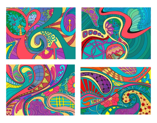 Набор из четырех абстрактных фонов с линиями, волнами и цветами в ярких цветах . — стоковый вектор