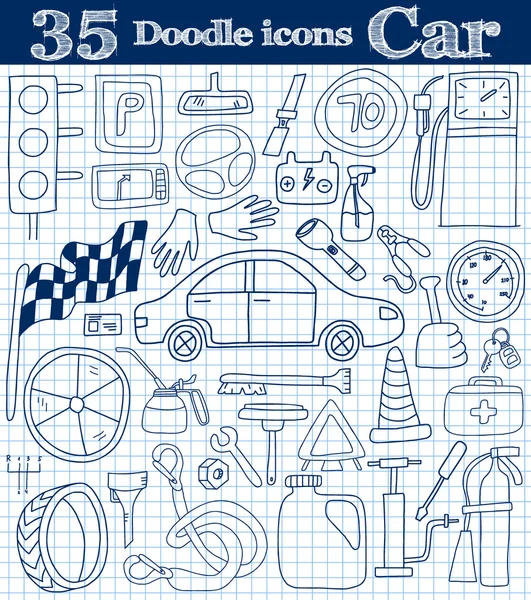 Auto a pohon. Sada 35 ikon Doodle v modrých barvách v poznámkovém bloku. — Stockový vektor
