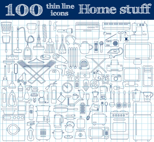 Ikony pro domácí věci. Sada 100 objektů s tenkou čárou v modrých barvách v poznámkovém bloku. — Stockový vektor
