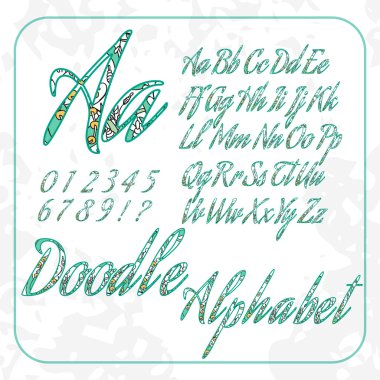 Doodle alphabet and numbers with floral pattern.
