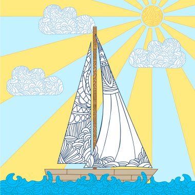 Doodle tekne dalgalar üzerinde yüzen.