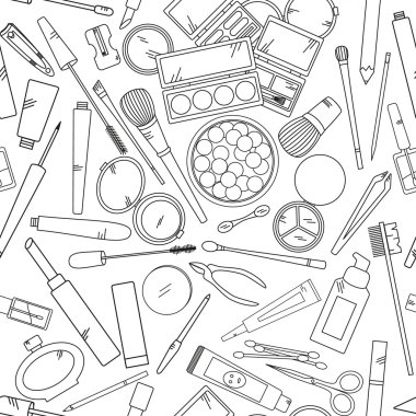 Siyah beyaz renklerde makyaj araçları ile dikişsiz desen. 