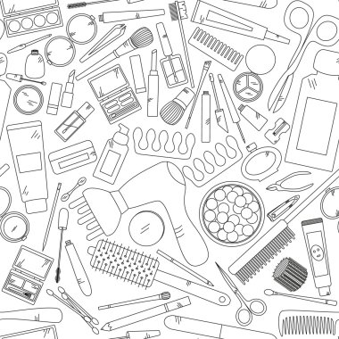 Siyah beyaz renklerde makyaj araçları ile dikişsiz desen. 