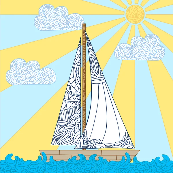 Doodle barco flotando en las olas . — Vector de stock