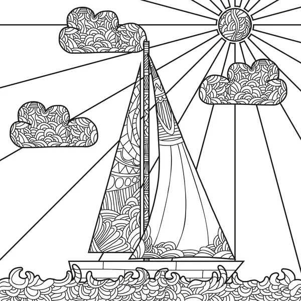 Doodle tekne dalgalar üzerinde yüzen.