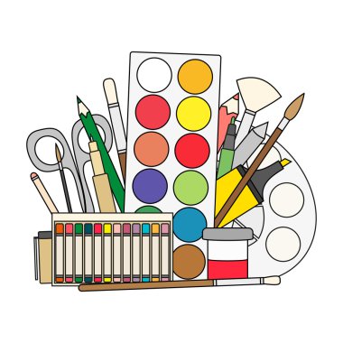 Sanat ve okul malzemeleri-Boya fırçaları, kalem, boya, gömlekleri geri.