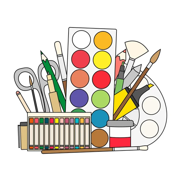 Kunst en terug naar school Supplies-verf penselen, verf, potloden en voeringen. — Stockvector