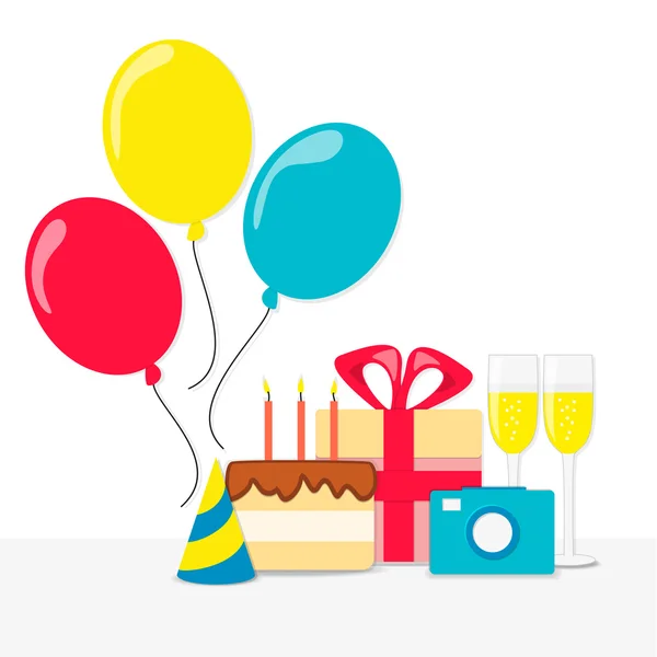 Conjunto de icono de cumpleaños: pastel, regalo, champán, cámara y tres globos aéreos . — Archivo Imágenes Vectoriales