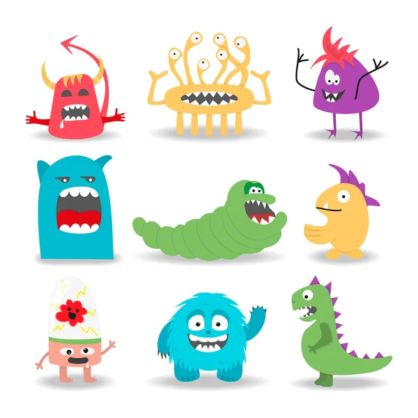 Set of nine cartoon cute monsters on white background. — Stock Vector