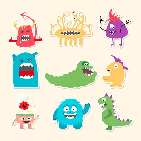 Set of nine stickers with cartoon cute monsters. — Stock Vector