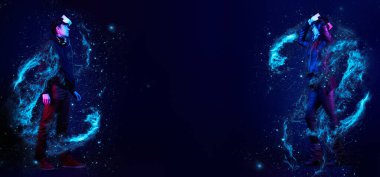 Sanal gerçeklik kulaklıkları ve gamepad 'leri olan oyuncular. Bu görüntünün elementleri NASA tarafından desteklenmektedir.