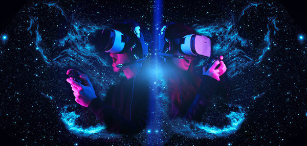 Gamers with virtual reality headsets and gamepads. Elements of this image furnished by NASA.
