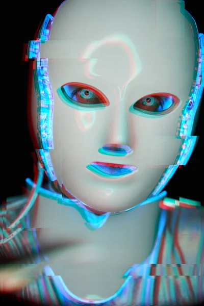 Portrait of futuristic robot. Image with glitch effect.