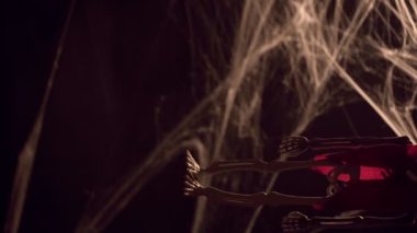 İskelet, arka planda Ölüler Günü için süsleme. Dikey video 4k.