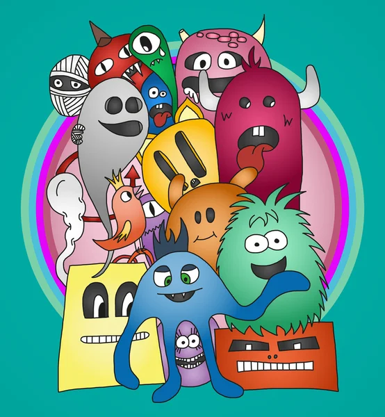 Grappige doodle monsters stiker — Stockvector