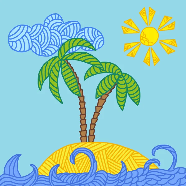 热带岛屿与棕榈树和波 — 图库矢量图片