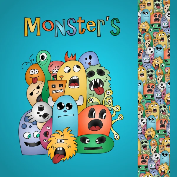Cartão engraçado dos monstros dos desenhos animados e fronteira — Vetor de Stock