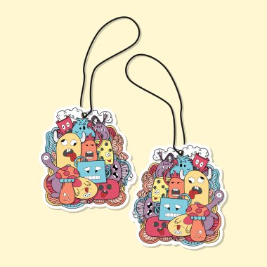 Soyut canavarlar desenli etiket tasarımı. 