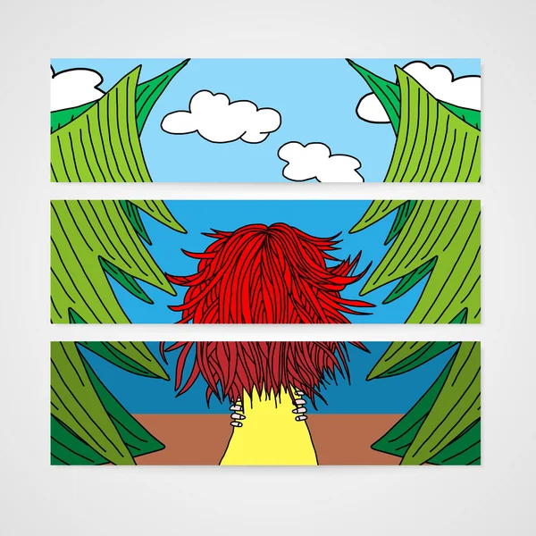Bannery s ženou s vývojem vlasy v lese. — Stockový vektor