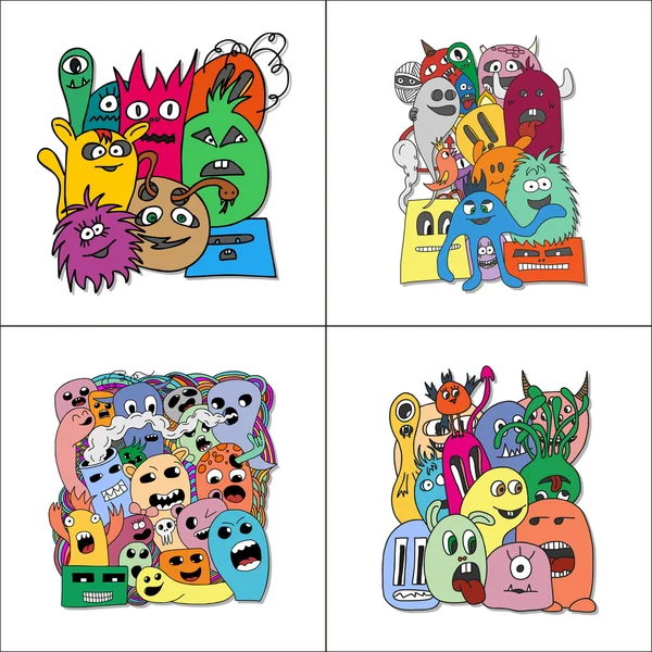 Set van vier stickers monsters. — Stockvector