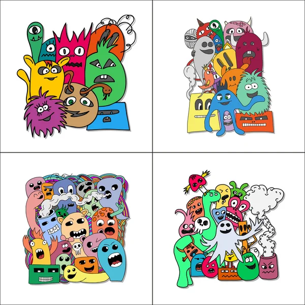 Set van vier stickers monsters. — Stockvector