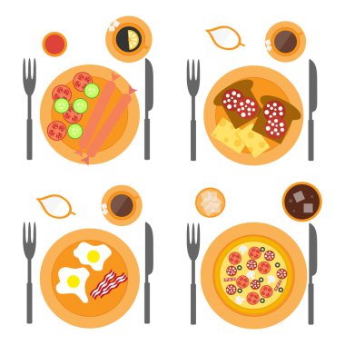 Gıda - sosis, omlet, pizza ve tost dört seçenek ile kahvaltı simgeleri düz ayarlamak.