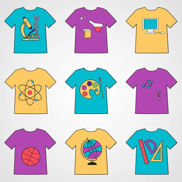 Ensemble de T-shirts avec icônes scolaires . — Image vectorielle